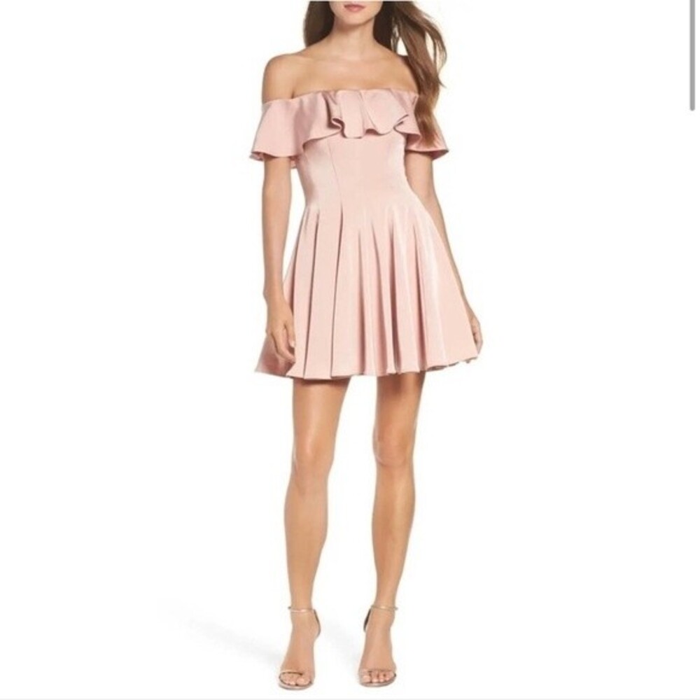 NWOT LA FEMME | Ruffle Off the Shoulder Pink Fit & Flare Mini Dress‎ 2
